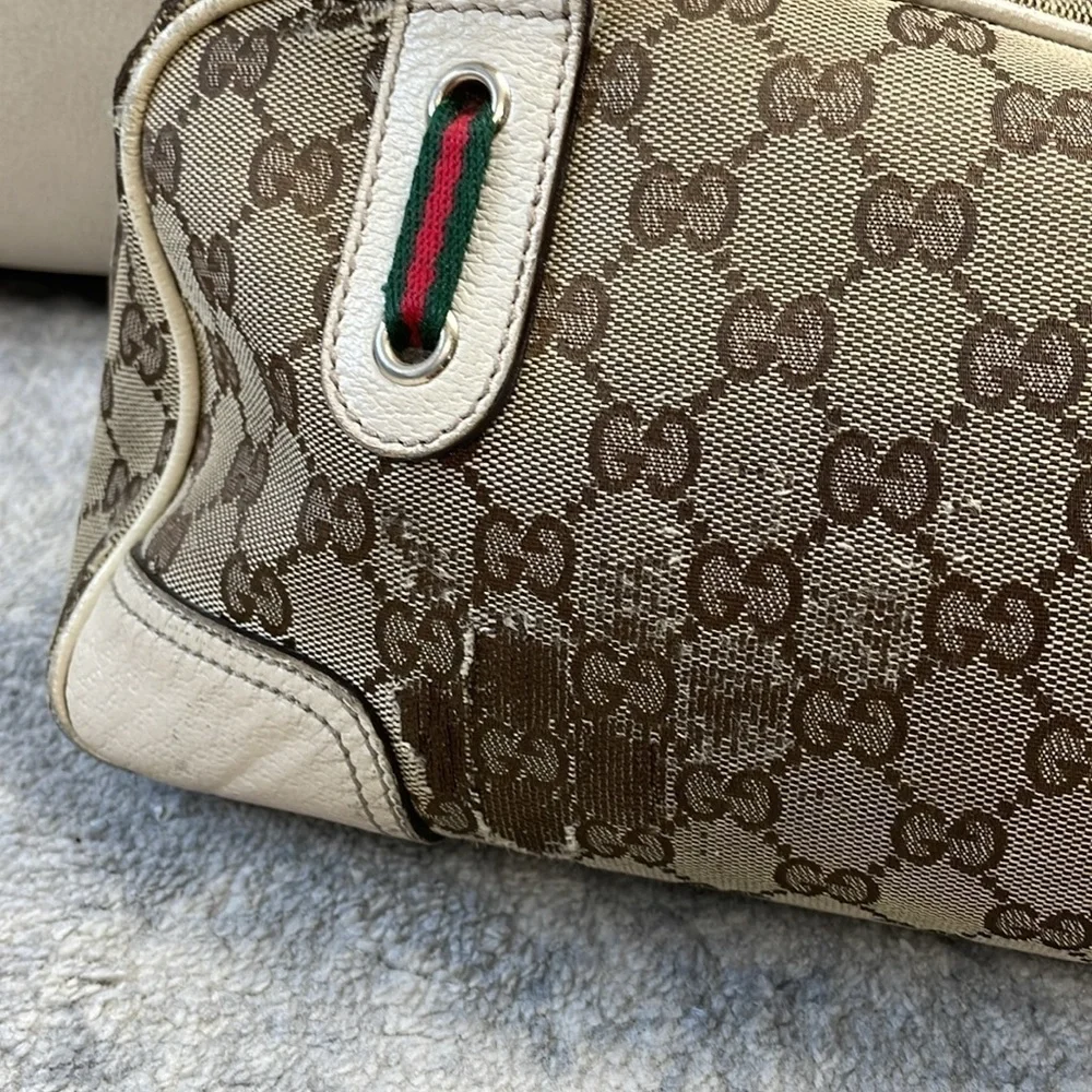 Vintage Gucci Princy GG Monogram Logo Sherry Line Web Shoulder Bag Tan Ivory